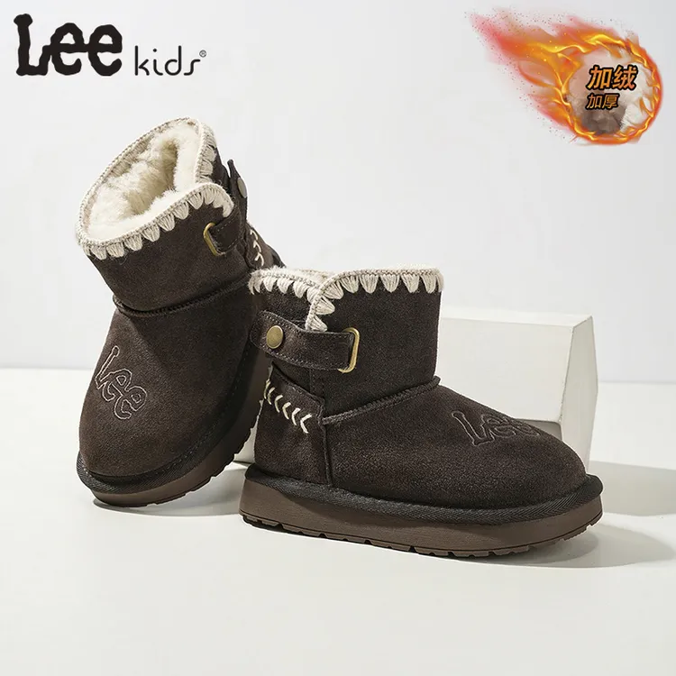 Leekids儿童雪地靴真皮女童鞋冬季防滑儿童加绒鞋保暖大棉男童鞋
