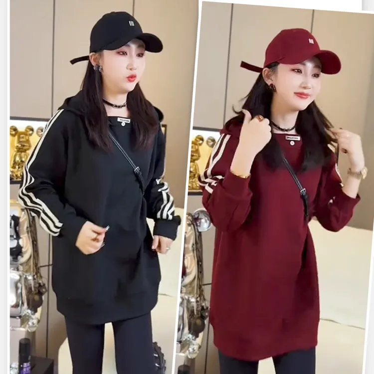 加绒加厚欧韩连帽中长卫衣保暖显瘦帅气上衣百搭女士外套设计宽松