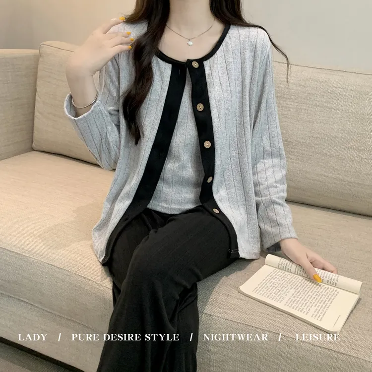 睡衣女款春秋季长袖2025新款冬家居服女士灰色带胸垫小清新三件套