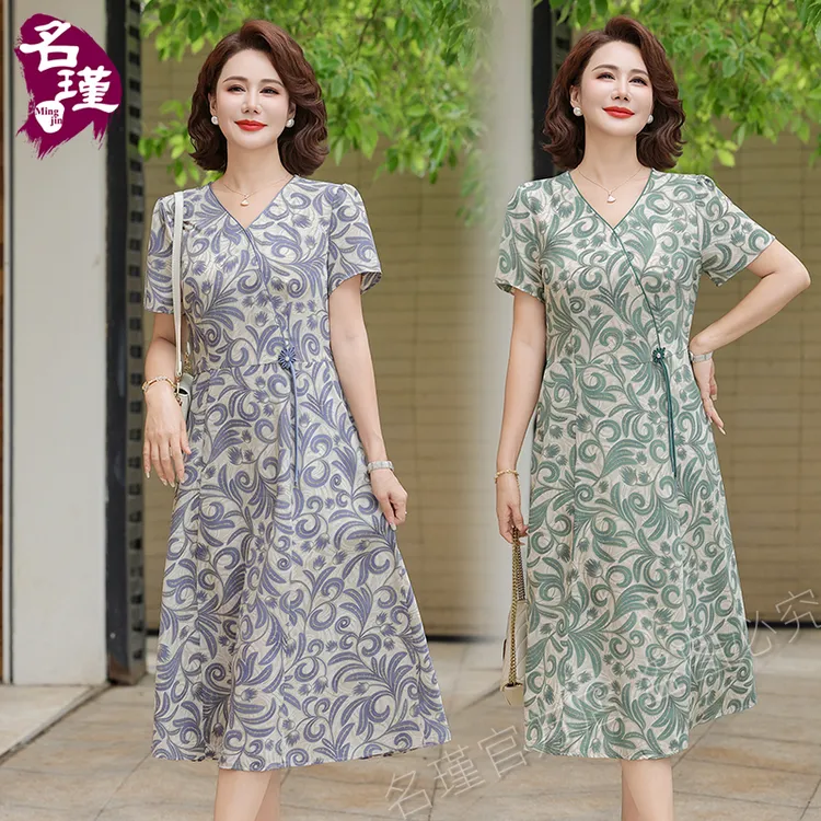 2025年新中式款 妈妈春夏时尚修身连衣裙中老年女气质裙子aa6317