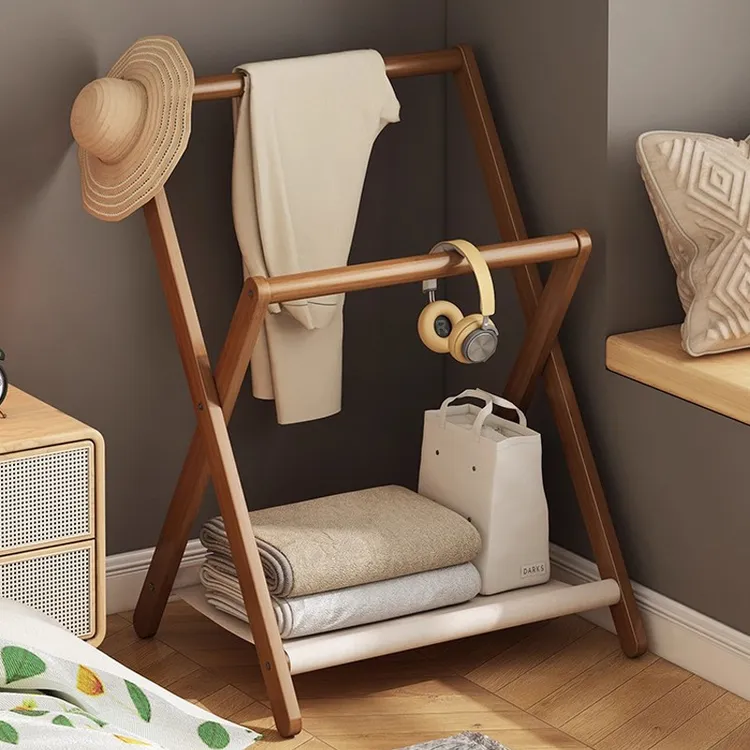 床头衣帽架落地卧室简易家用可折叠双杆衣服收纳置物架实木挂衣架
