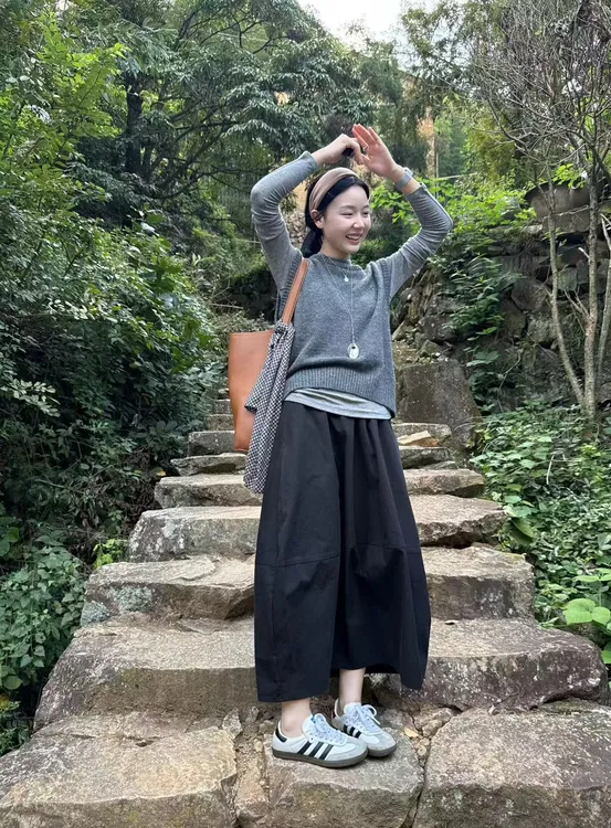 2025秋季韩风chic一整套松弛感复古灰色背心打底衫半身裙三件套装