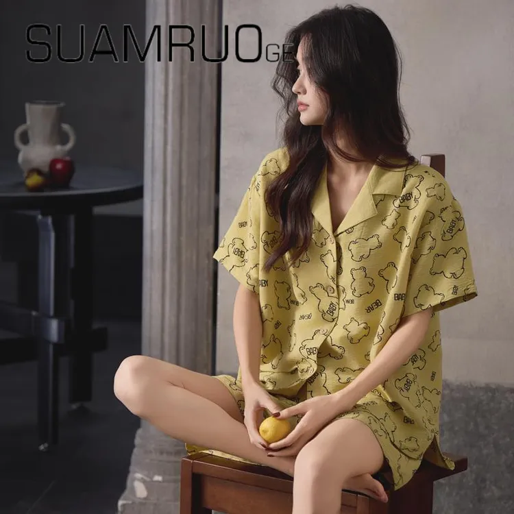 韩版小众睡衣女夏季新款夏季短袖卡通开衫翻领云朵棉带胸垫家居服