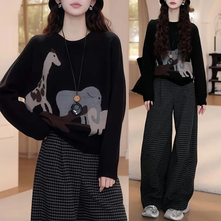 秋冬宽松动物绣花圆领套头长袖针织衫女+高腰黑色格子休闲裤套装