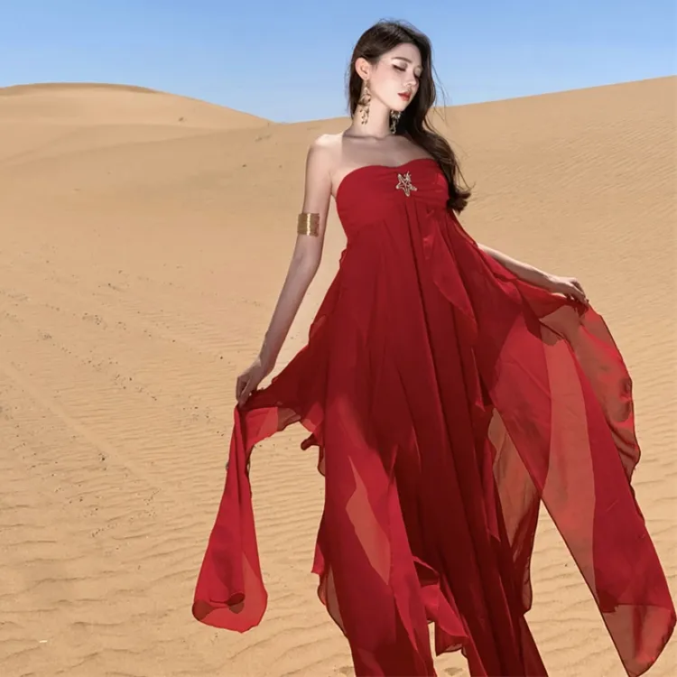 海边度假复古红色荷叶边无袖抹胸连衣裙漂亮独特性感辣妹气质长裙