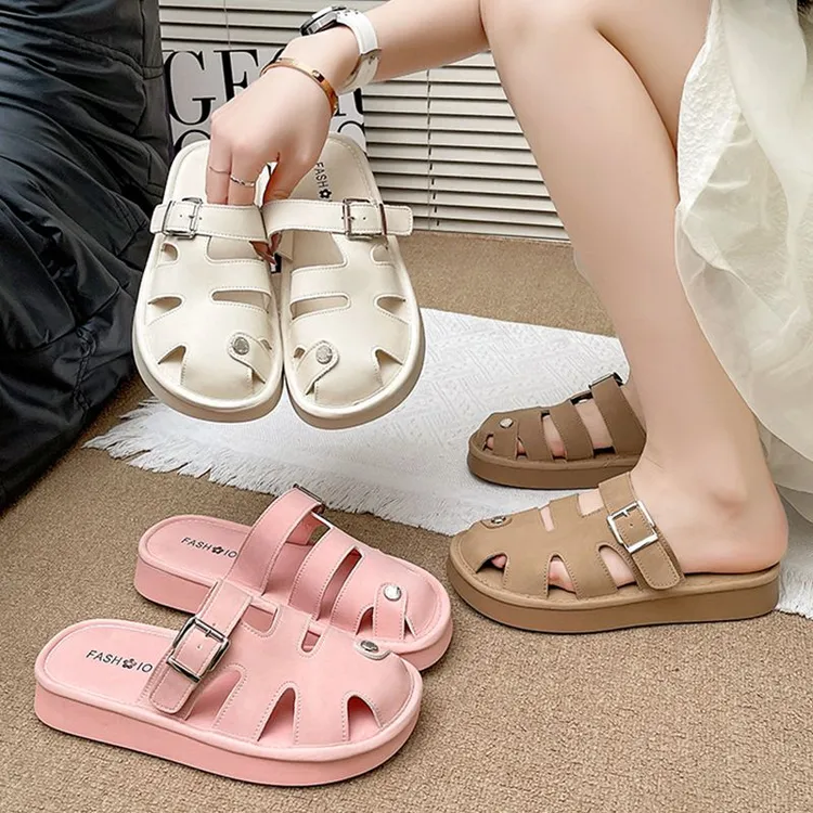 2025新款一脚蹬懒人凉拖鞋厚底包头半拖鞋女夏季外穿洞洞鞋一字拖