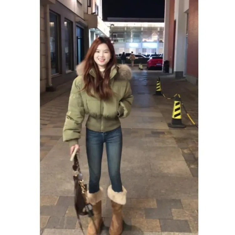 MARIE.COCO新款美式毛绒翻领收腰保暖棉服外套秋冬修身显瘦牛仔裤