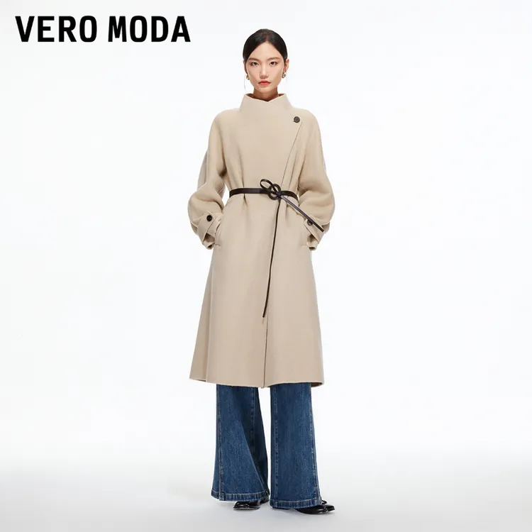 Vero Moda毛呢大衣女2025冬季新款纯绵羊毛腰带宽松大衣32544S002