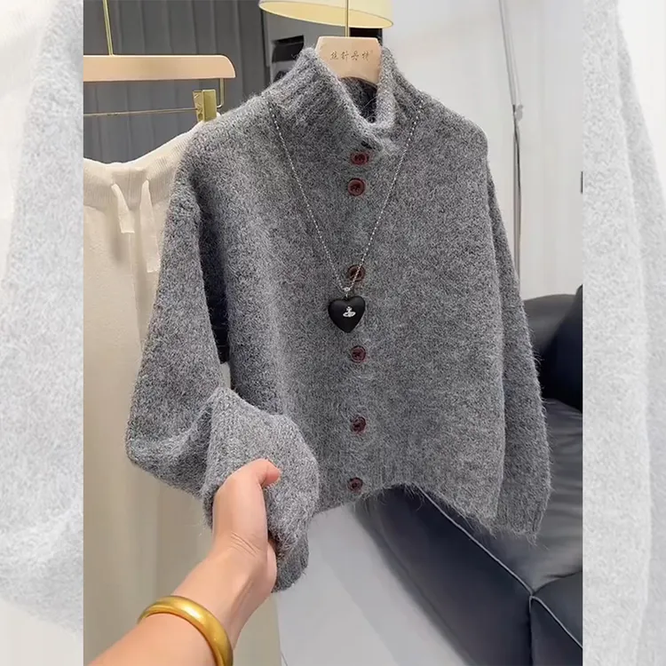 独特漂亮灰色立领小衫外出新款上衣女装秋冬洋气针织开衫毛衣外套