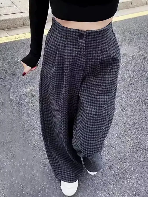 【加厚双面呢】秋冬复古格子裤女半松紧垂感宽松百搭显瘦经典阔腿裤