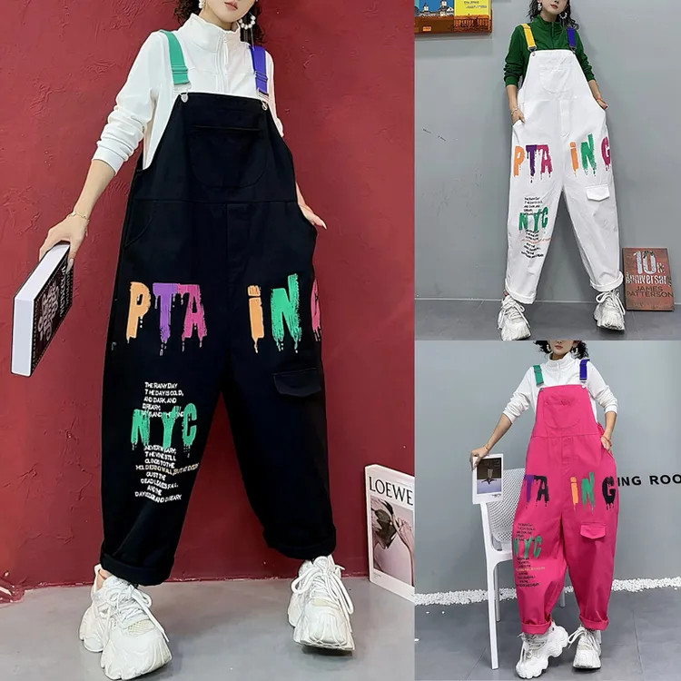 秋季新款时尚字母牛仔背带裤女宽松九分裤百搭显瘦吊裆垮裤潮