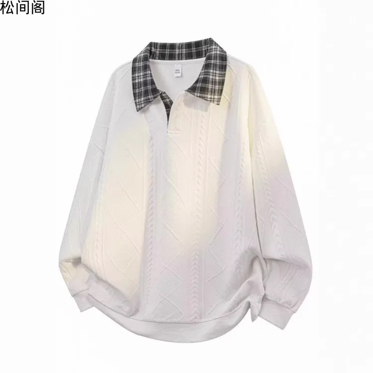 外贸肌理感格子拼接POLO衫情侣卫衣春秋新款宽松翻领休闲上衣