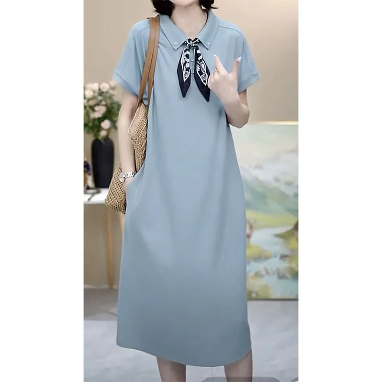 韩系翻领系带丝巾短袖连衣裙女夏季新款时尚气质休闲显瘦中长裙子