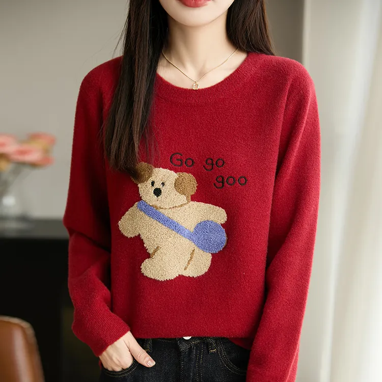 大码针织打底衫秋冬新款遮肚子胖mm宽松内搭刺绣红色高级感毛衣女