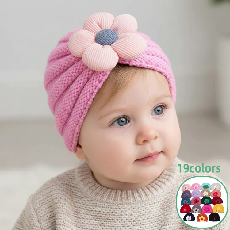 欧美冬季新款婴儿保暖花朵针织帽儿童多色可爱毛线帽女童帽子