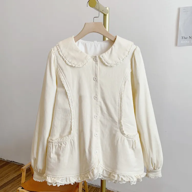 厚乳椰椰Y3343夹棉蕾丝边全开扣娃娃领衬衫