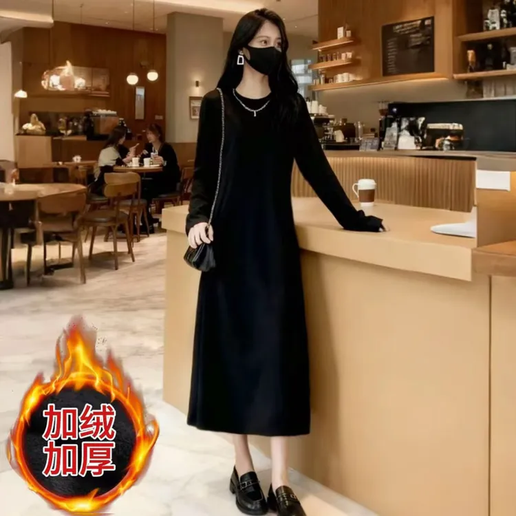 (现货+运费险)秋冬长袖圆领黑色连衣裙极简A字长裙显瘦宽松打底裙