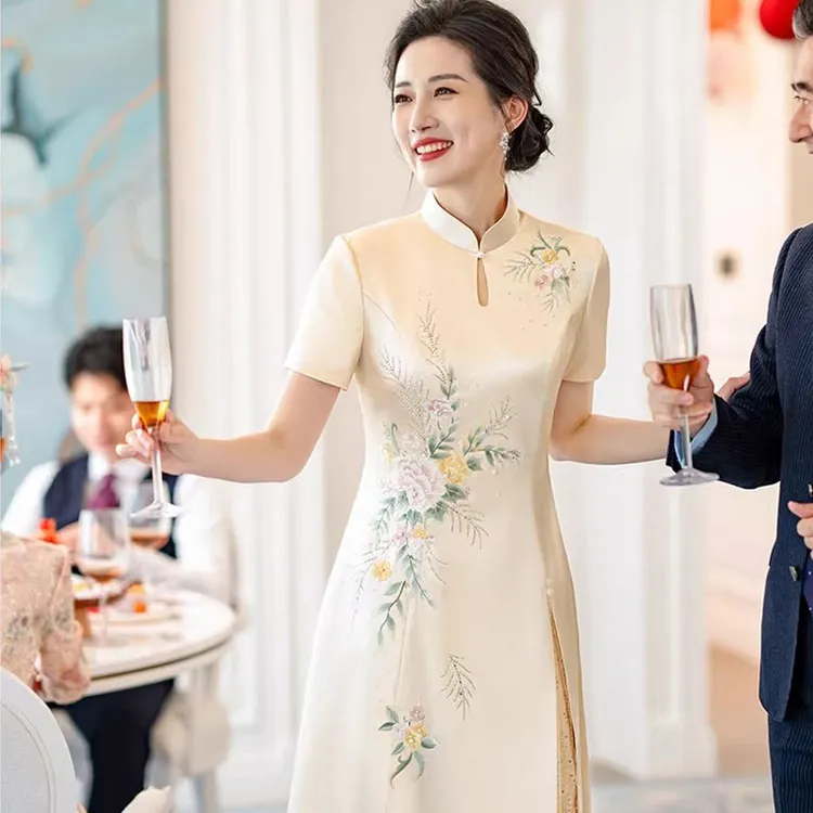 妈妈婚宴旗袍礼服新中式年轻气质款喜婆婆高端短袖日常可穿连衣裙