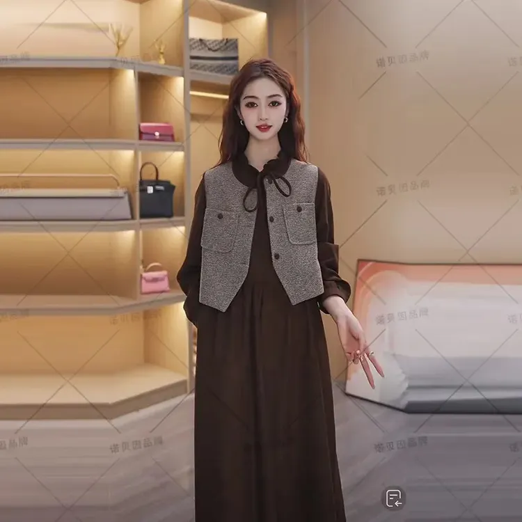 nuobeiyin/诺贝因秋冬新款木耳花边连衣裙马甲两件套装 NTS681530