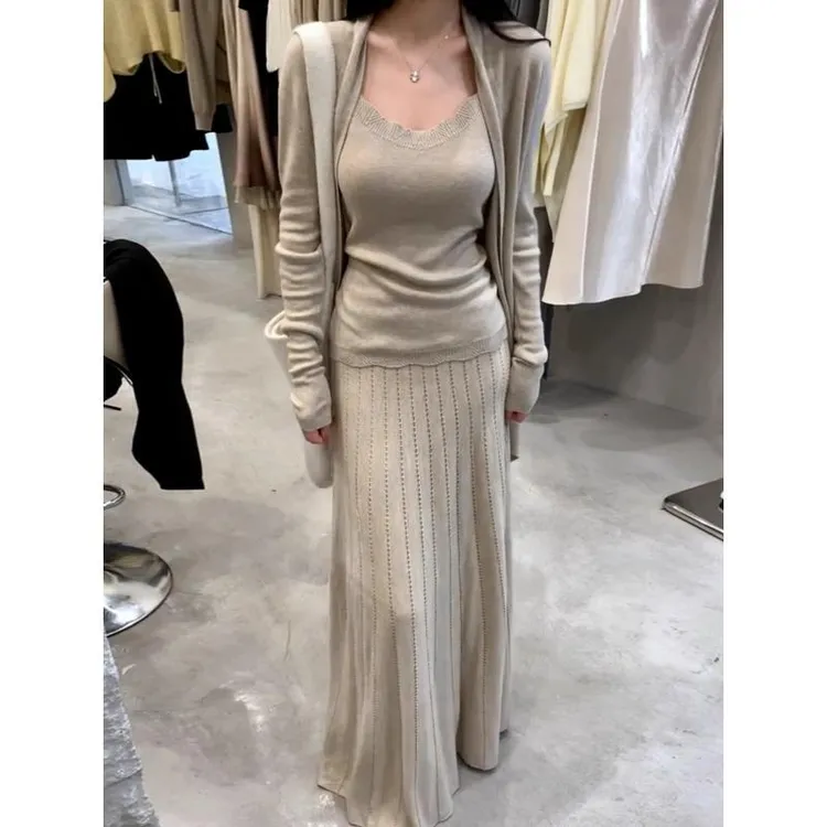 法式时尚套装长袖针织开衫吊带背心两件套女装秋季2025新款半身裙