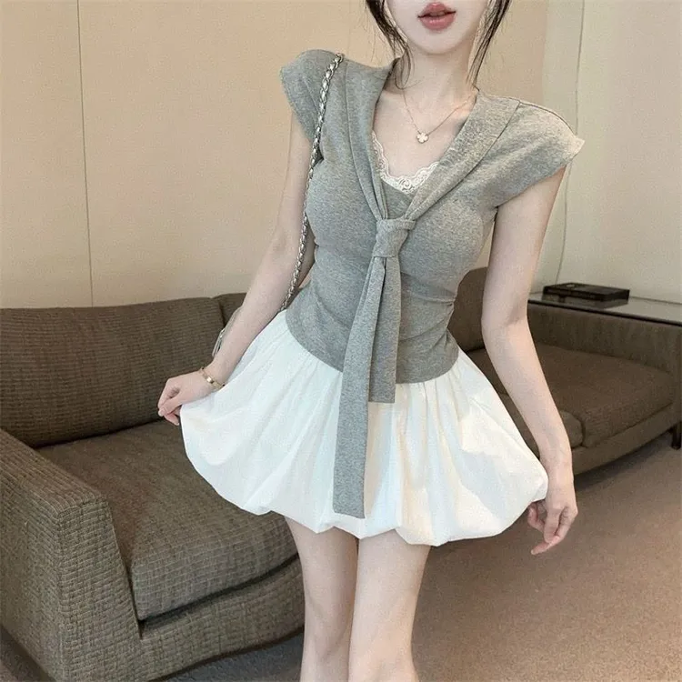韩系t恤蕾丝短袖上衣女装夏季高腰半身裙白色花苞短裙两件套套装