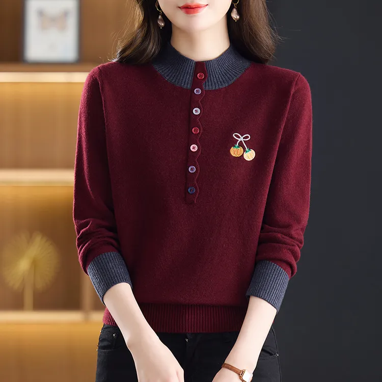 秋冬爆款半高领假两件南瓜秋冬打底衫女士洋气百搭内搭毛衣针织衫