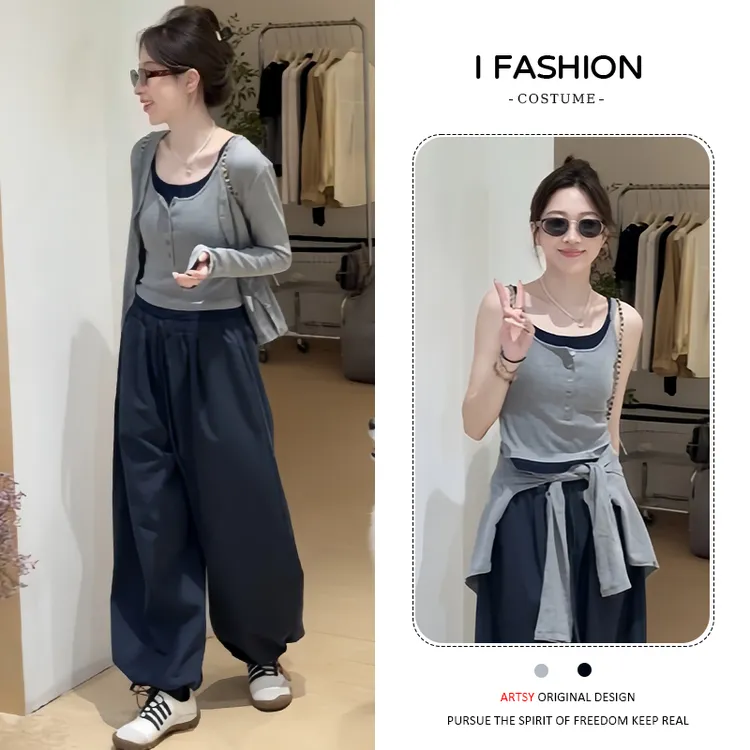 轻熟风时尚减龄套装女2025年春秋新款百搭背心开衫外套卫裤三件套