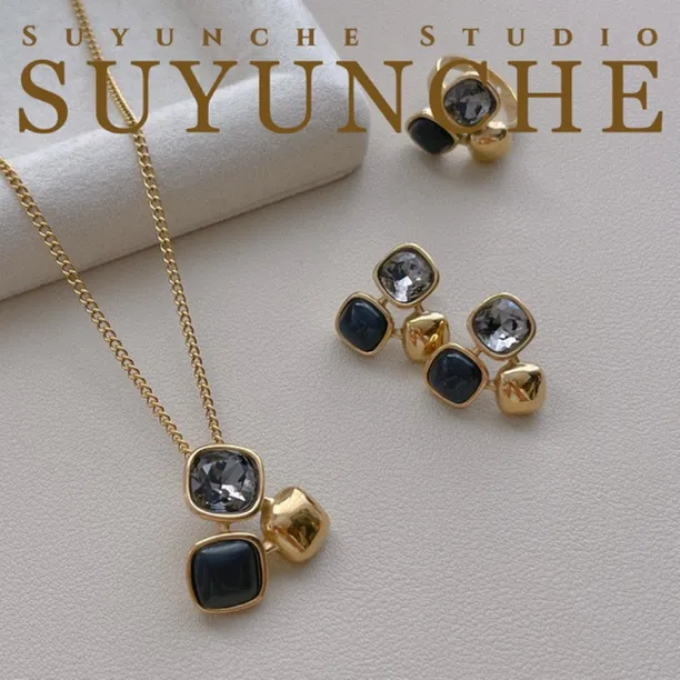 钛钢项链 Suyunche2746轻奢时尚法式黑灰小众三件套