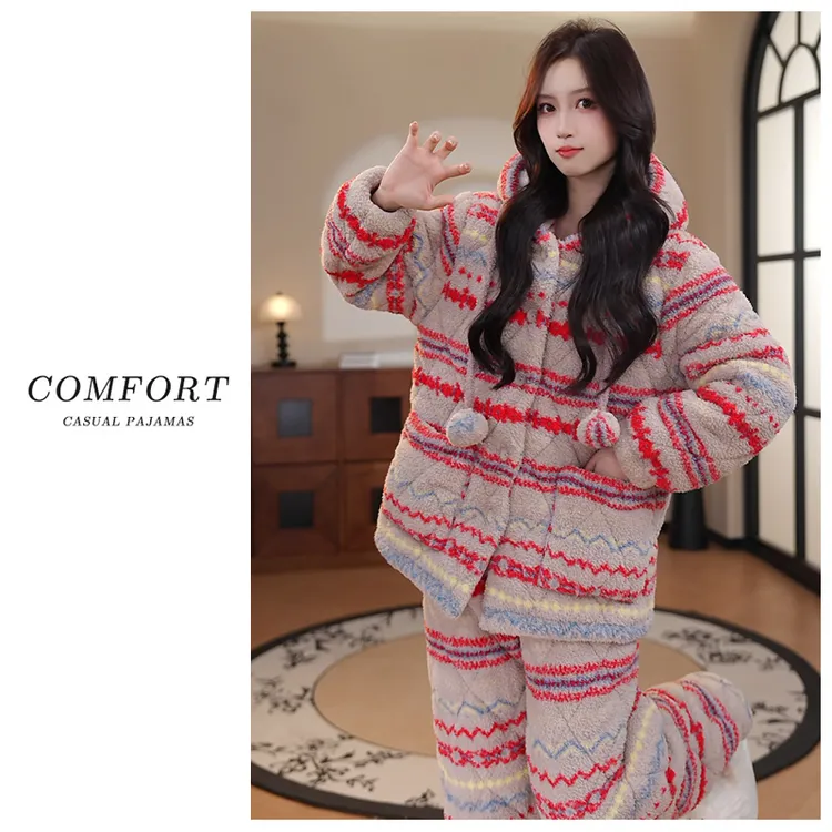 冬季新款三层夹棉加绒加厚长毛绒睡衣女套装保暖套装可外穿家居服