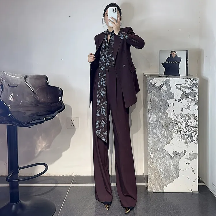 春秋新款西装套装一粒扣收腰腰果花飘带衬衫外套女阔腿裤三件套