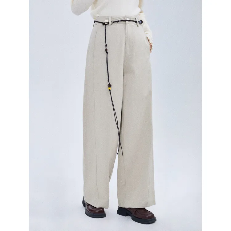 【弯刀裤】茵曼26春季休闲百搭直筒阔腿裤女（配编织腰绳+丝巾）