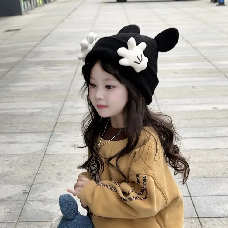 【小布丁】儿童帽子秋冬季韩版儿童毛线帽卡通米奇小手掌套头针织帽