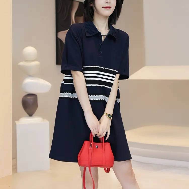 高含棉设计感花边条纹短袖连衣裙女2025年夏季新款洋气减龄裙子潮