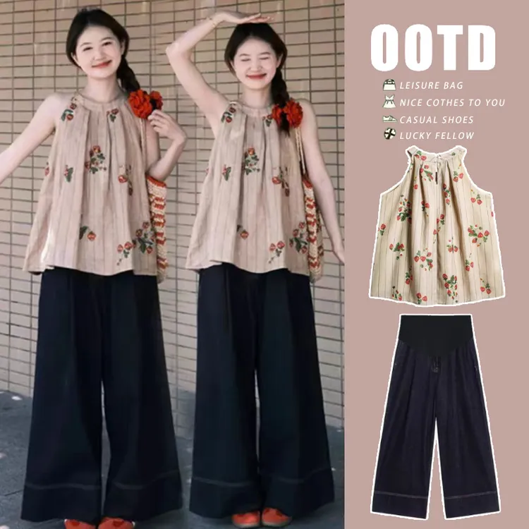 孕妇装2025夏季爆款法式宽松无袖碎花上衣百搭洋气牛仔裤孕妇套装