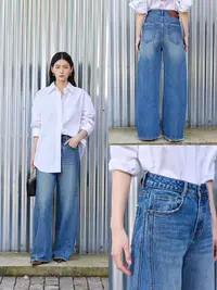 88781#秋季新款 韩版高腰直筒弯刀裤 休闲垂感牛仔裤女