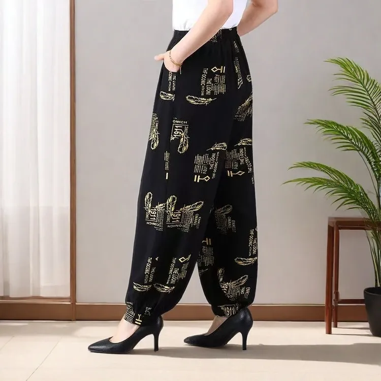 夏季新款垂感棉绸宽松大码灯笼裤妈妈舞蹈花裤子高腰休闲防蚊长裤