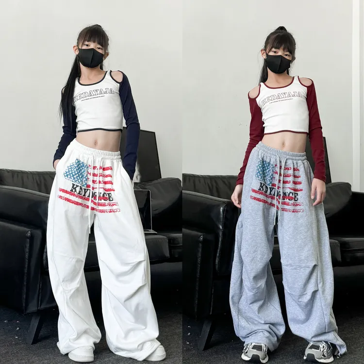 秋季新款童装潮酷女童修身长袖T恤宽松卫裤少儿爵士舞演出服套装