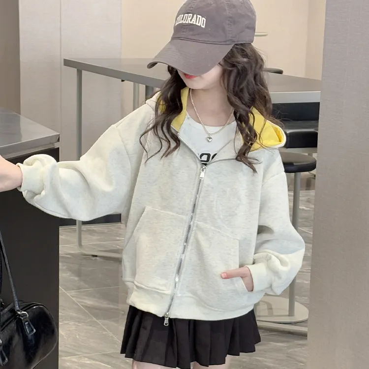 女童春秋装外套儿童上衣2025新款大童休闲女孩春季卫衣连帽开衫潮