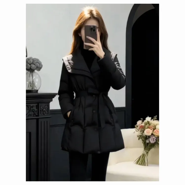 收腰中长款加厚外套上衣2025冬季新款深冬黑色菱形格棉衣棉袄女
