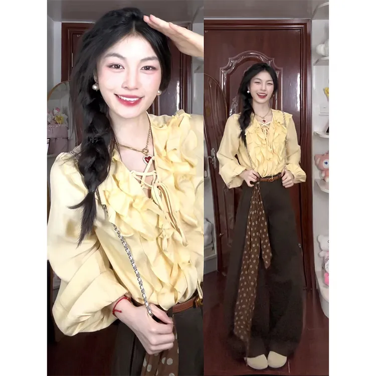 MARIE.COCO秋季新款高级感系带荷叶边衬衫上衣高腰阔腿休闲裤套装