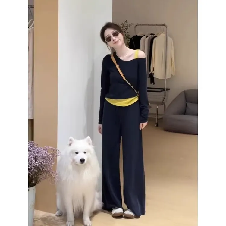 韩系藏蓝色假两件长袖T恤女秋季2025新款绝美巨好看的露肩小上衣