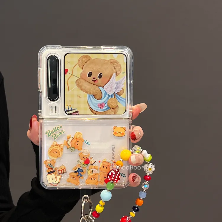 可爱趣味黄油小熊滑块闪粉流沙适用华为PuraX折叠屏手机壳PuraX