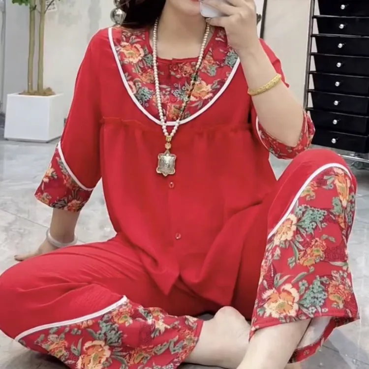 秋冬新款新中式盘扣本命红喜庆中国风保暖女士睡衣家居服套装