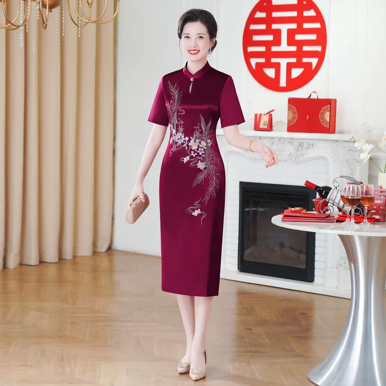 50338高贵喜婆婆婚宴装改良旗袍年轻宴会礼服气质婚礼妈妈连衣裙