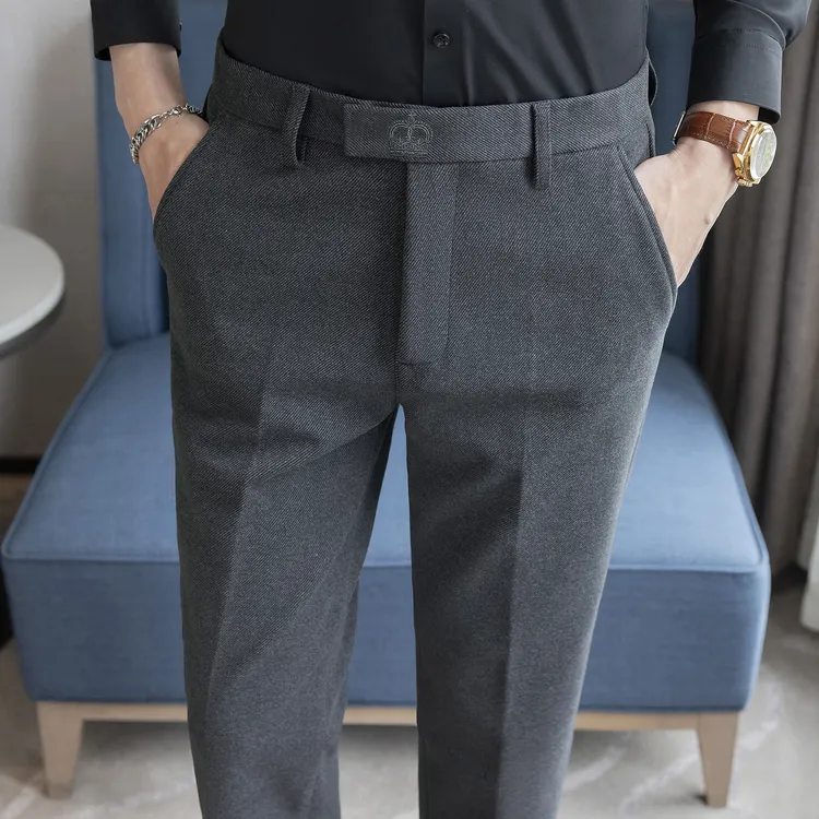 秋冬季厚款毛呢西裤男士直筒修身商务磨毛休闲裤小脚九分高端长裤