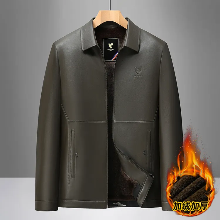 新款软皮男士时尚百搭皮衣皮夹克冬季加绒款皮衣中老年休闲皮外套