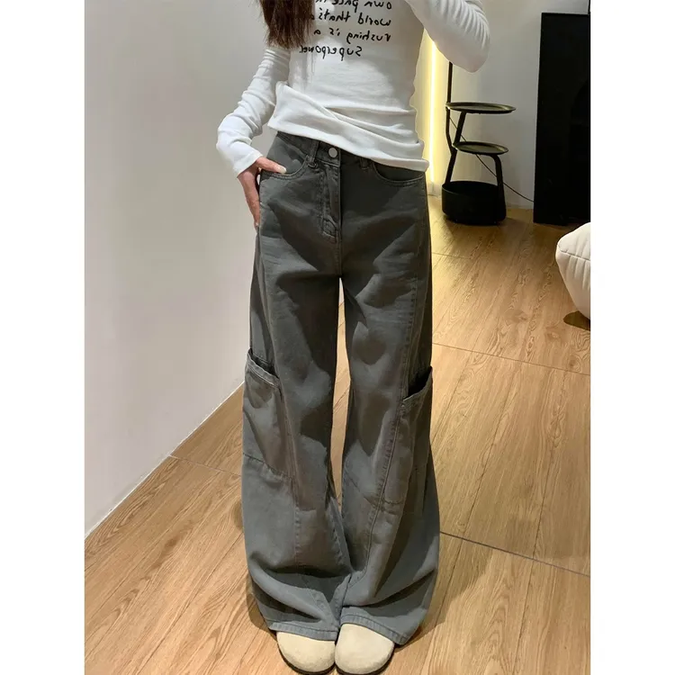 美式水泥灰阔腿工装牛仔裤女秋季新款高个子加长宽松显瘦休闲裤子