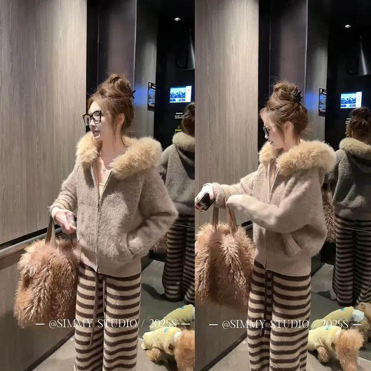 2025秋季新款女装韩版独特漂亮套装毛领带帽外套条纹休闲裤两件套