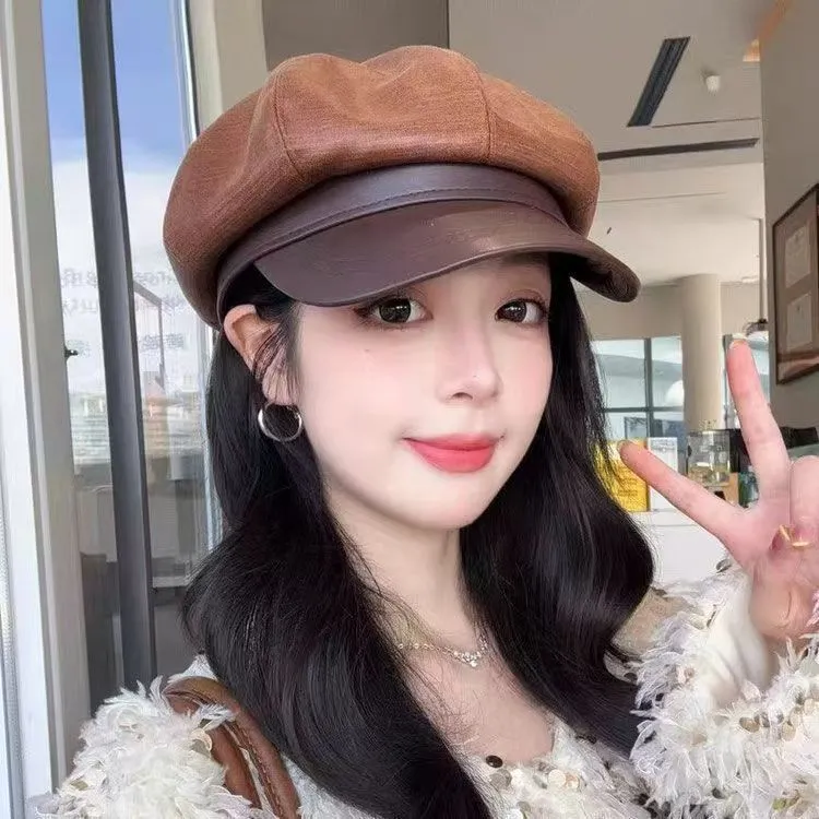 2025新款春秋季日系复古PU皮拼接八角帽子女百搭气质显脸小画家帽