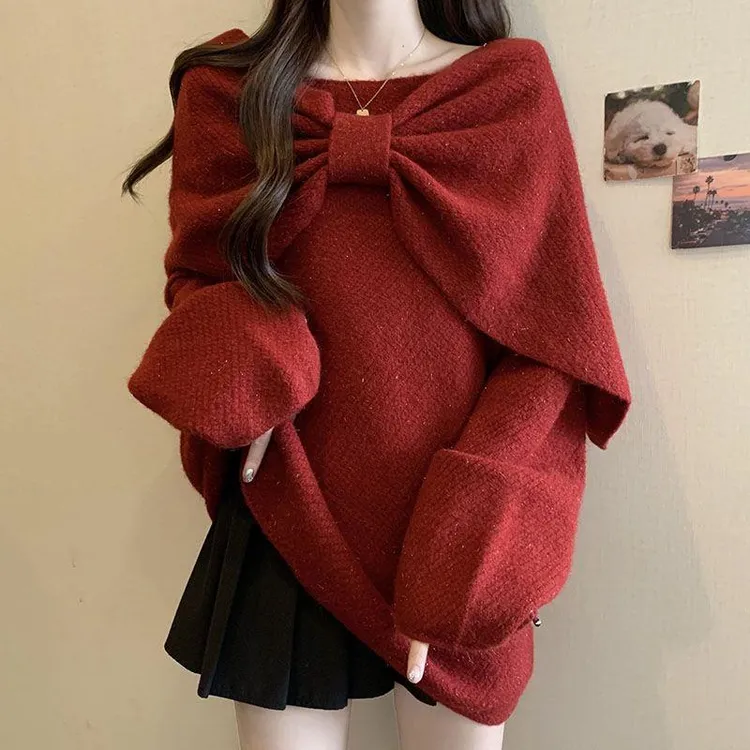 红色蝴蝶结毛衣女秋冬大码胖mm洋气中长款遮屁股上衣假两件针织衫